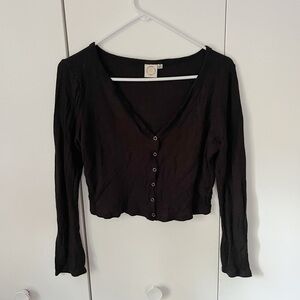 Women’s Casual Waffle Knit Crop Top, Long Sleeve, Button Up Details